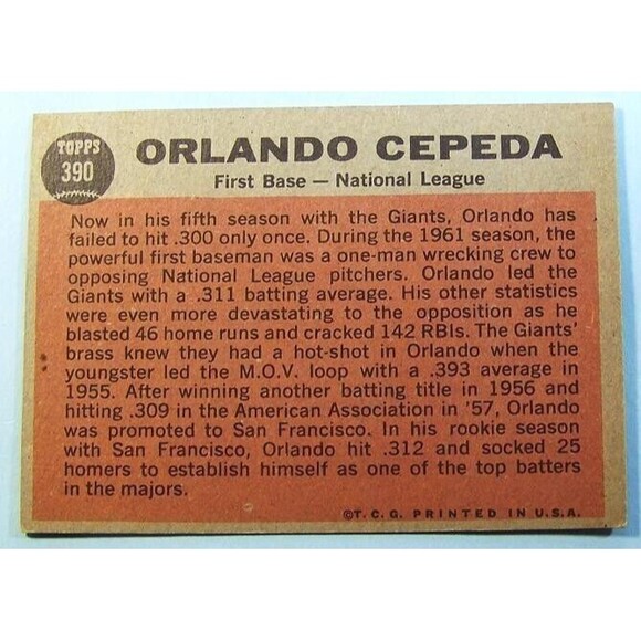 1962 Topps ORLANDO CEPEDA San Franciscso GIANTS AS Card #390 EX Autograped - Picture 2 of 2